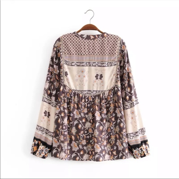 Fall Boho Gypsy Floral Print Peasant Blouse Tan - Picture 4 of 8